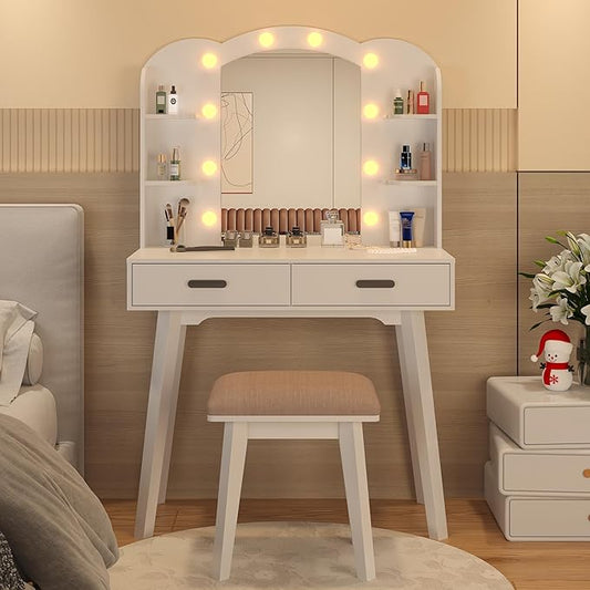 Makeup Vanity Desk with Mirror, Vanity Desk with Lights and Mirror, Makeup Vanity with Drawers and Chair White Vanity with Chair