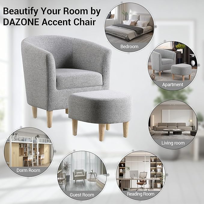 DAZONE Accent Chair with Ottoman, Mid Century Modern Barrel Comfy Fabric Armchair and Footrest Set, Upholstered Club Tub Round Arms Chair for Living Room Bedroom Reading Room, Grey