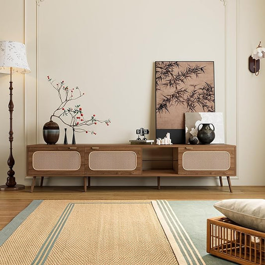 Marzzi Boho TV Stand for 85 Inch TV, 78" Entertainment Center with 3 Rattan Doors, Open Space with Glass Shelf, Walnut Media Console Cabinet for Living Room, Solid Wood Legs