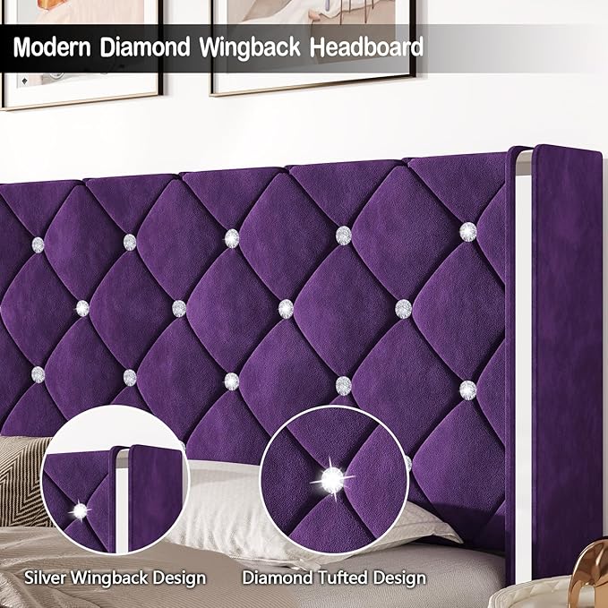 HOMBCK King Bed Frame with Headboard, Upholstered Platform Bed with Wingback Design, Modern Diamond Bed Frame with Tufted Deep Button, No Box Spring Needed, Easy Assembly, Purple