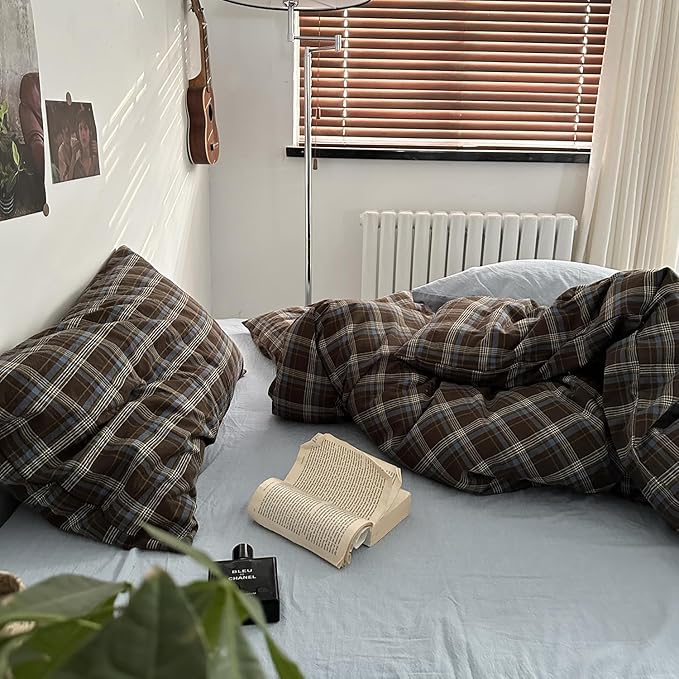 mixinni Vintage Blue & Brown Buffalo Plaid Comforter Set Full Size - 3-Piece Washed Cotton Soft Geometric Checkered Pattern Bedding Set for All-Seasons Lightweight & Breathable-Full Size