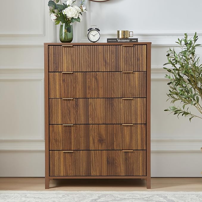 5 Drawer Double Dresser for Bedroom, Modern Wide Chest of Drawers with Fluted Panel Design,Wood Storage Dressers Chest of Drawers for Bedroom Living Room Hallway Closet,Walnut,2 Sets