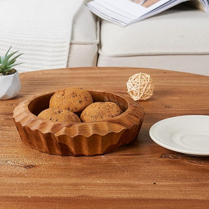 Teak Handcrafted Wooden Bowls Natural Wood Round Utility Bowl 7.9" W Handmade Rustic Serving Platter Fruit Snack Holder for Entry Table Vintage Artworks Dining Room Home Décor