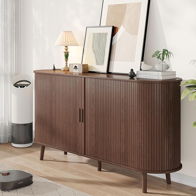 Alohappy 59" Mid Century Modern TV Stand with Charging Station, 32" Tall Farmhouse Curved Edge Media Console Table with Drawer and Shelf, Fluted Entertainment Center for Living Room, Bedroom Walnut