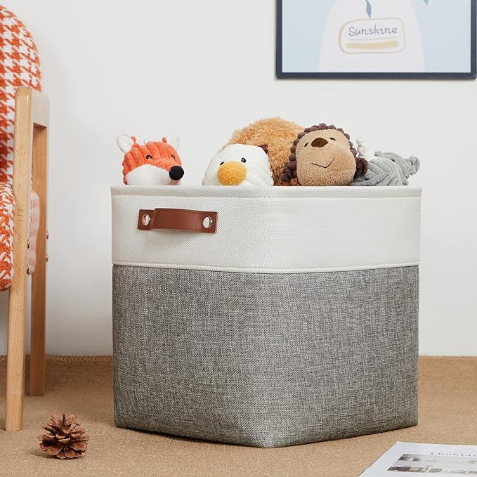 DULLEMELO [Set of 4 Storage Cubes Baskets for Organizing, 12 x 12 x 12 inch Cube Storage Organizer Bins with Leather Handles, Foldable Fabric Cloth Bins for Cube Storage(4 Pack - 12" White&Grey)