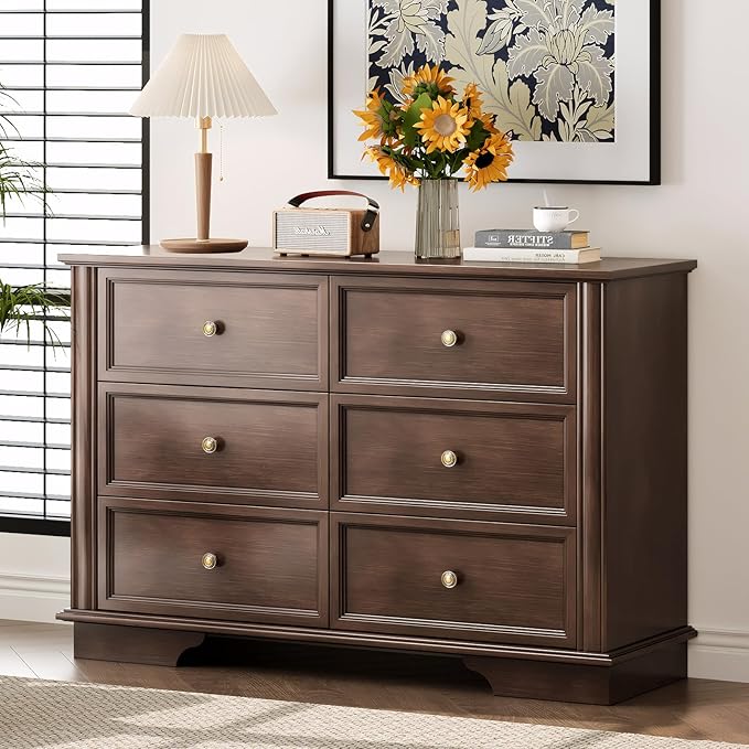 VINGLI Wood Dresser 6 Drawer, Brown Dresser for Bedroom, Vintage Dressers, Chest of Drawers for Living Room, 47.24" W*15.75D*31.5" H