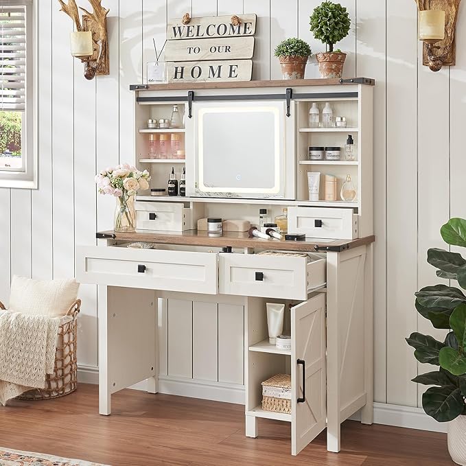 42'' Farmhouse Makeup Vanity Desk with Sliding Mirror and Lights, Glass Tabletop Vanity Table with Barn Door, 4 Drawers & Hidden Shelves, Rustic Big Vanity Women Dressing Table, Antique White