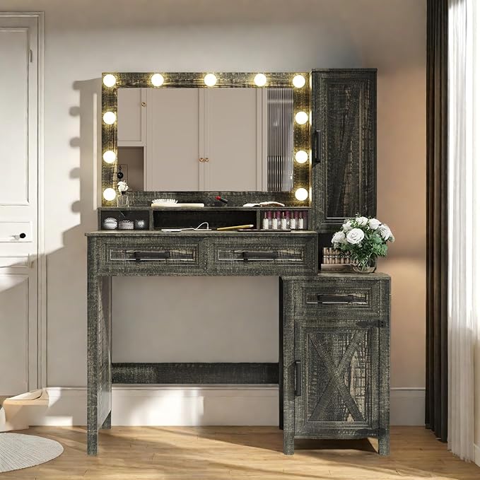 Makeup Vanity, Farmhouse Vanity with Square Mirror & Tricolor Lighting Adjustment, 43'' Fashion Makeup Desk with Two Spacious Drawers, Side Storage Cabinet & Built-in Charging Station, Brown