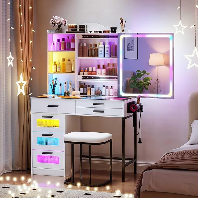 LED Vanity Desk with Sliding Mirror, Smart Makeup Table with 6 Drawers 6 Shelves Glass top, Dressing Table with Charging Station 24 Color Lighting Modes, Cushioned Stool, USB for Bedroom White