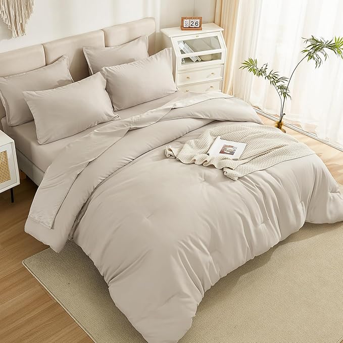 Litanika Comforter Queen Size Set Tannish Grey - 7 Pieces Bed in a Bag Queen Bedding Comforter Sets, Plain Lightweight Bed Set with Comforter, Sheets, Pillowcases & Shams