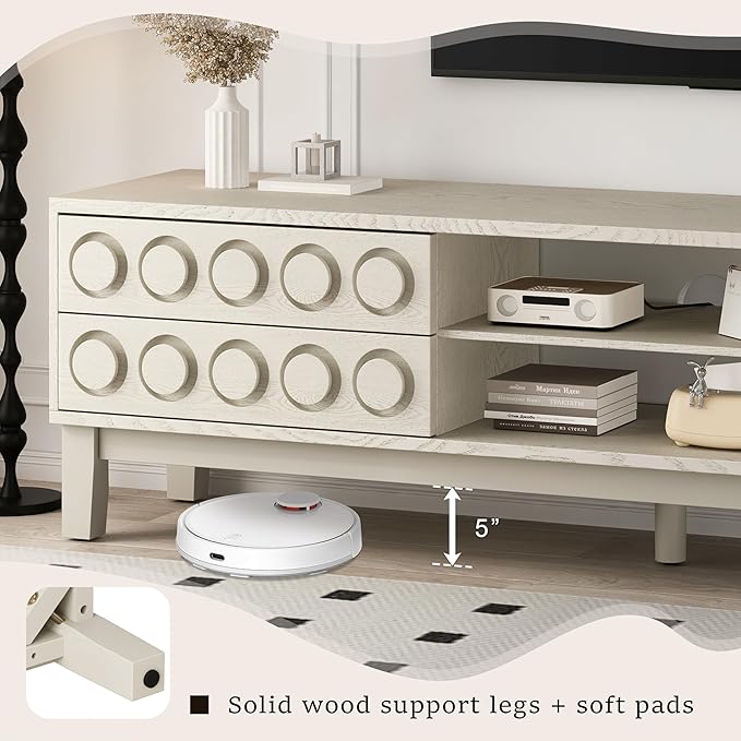 70" Modern TV Stand, Entertainment Center for Tvs up to 75", Unique Circular Design, TV Media Console with 4 Drawer & Open Storage for Living Room (White)