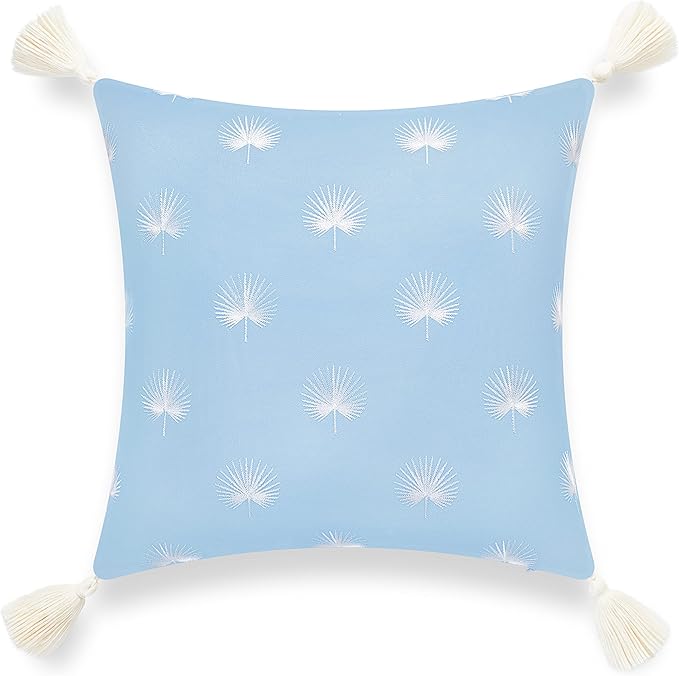 Hofdeco Premium Coastal Hampton Style Patio Indoor Outdoor Throw Pillow Cover Only, 18"x18" Water Repellent Summer for Backyard, Couch, Baby Blue Embroidered Palm Leaf Tassel