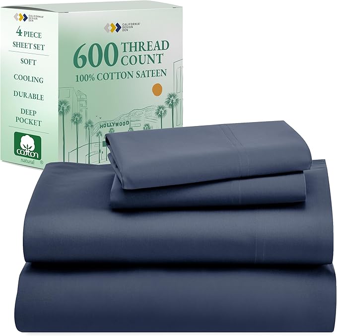 CALIFORNIA DESIGN DEN 5-Star Hotel 600 Thread Count 100% Cotton, Soft & Smooth Queen Sheet for Bed with Deep Pockets, Quality Beats Egyptian Cotton Claims (Royal Navy Blue)