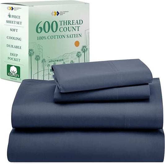 CALIFORNIA DESIGN DEN 5-Star Hotel 600 Thread Count 100% Cotton, Soft & Smooth Queen Sheet for Bed with Deep Pockets, Quality Beats Egyptian Cotton Claims (Royal Navy Blue)