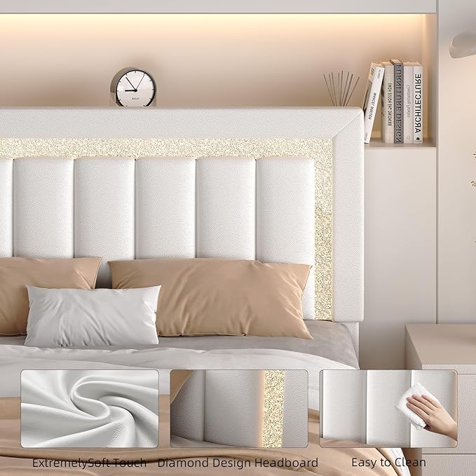HOMBCK Floating Bed Frame Queen with Smart LED Lights, Faux Leather Upholstered Bed with Diamond PU Headboard, No Box Spring Needed, Noise-Free, Easy Assembly, White