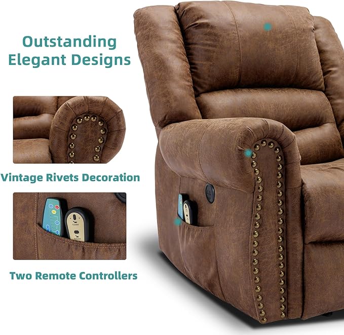 MEETWARM Large Power Lift Electric Recliner Chair for Elderly with Massage and Heat, Overstuffed Wide Recliner, Heavy Duty Sofa for Living Room with 2 Remote Control/USB Ports/Side Pockets(Brown)