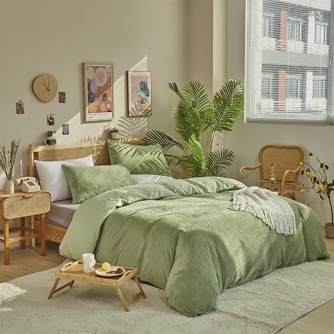 Cottonight Sage Velvet Fluffy Flannel Bedding - Twin Light Green Plush Comforter Set With Blanket & Quilts - Warm & Soft for Women & Men
