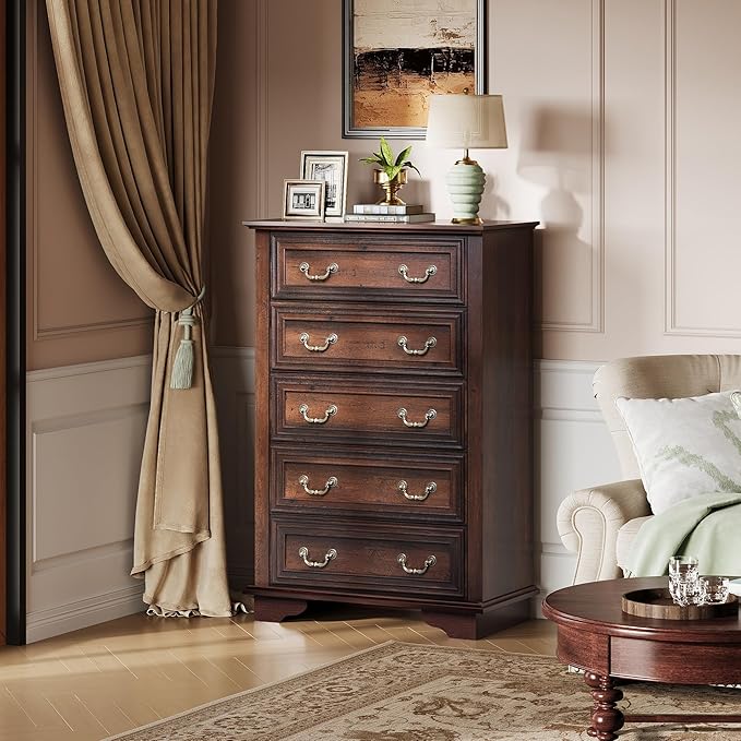 WLIVE Farmhouse Dresser for Bedroom, Tall Wood Dresser with 5 Drawer, Chest of Drawers with Roman Metal Handle for Living Room, Hallway, Closet, Brown