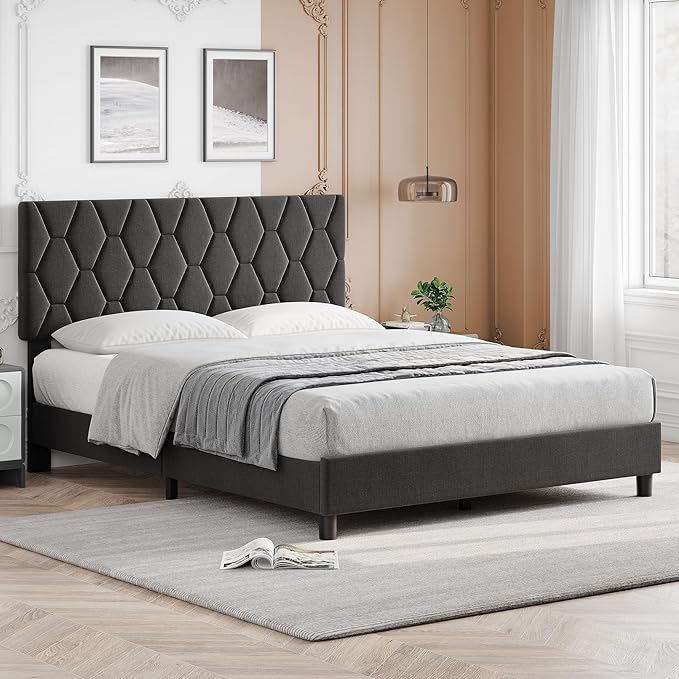 GAOMON Grey Queen Bed Frame with Upholstered Headboard, Heavy-Duty Platform Bed Frame with Strong Wood Slats, No Box Spring Needed/Easy Assembly/Noise Free