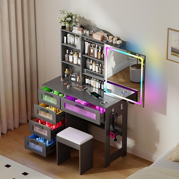 Vanity Desk with Sliding Vanity Mirror and RGB Lights,Makeup Vanity Desk with Charging Station,LED Vanity Table with Hidden Storage,Dressing Table Set with Stool&5 Drawers for Bedroom,Grey