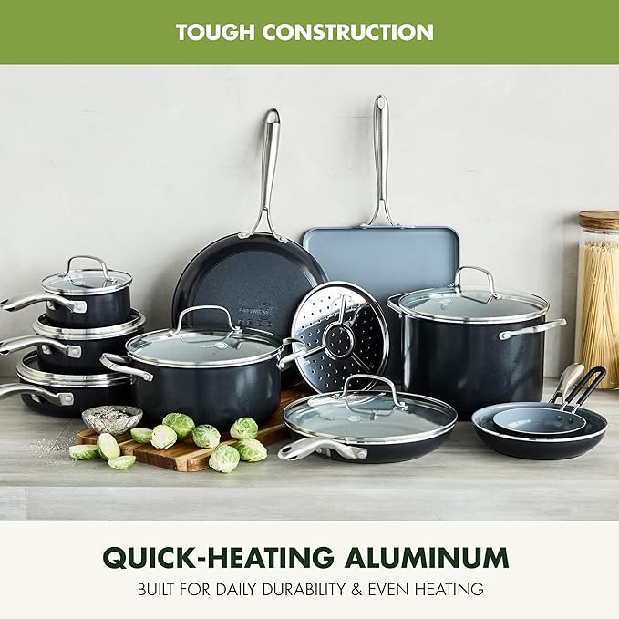 GreenPan 17 Piece Nonstick Swift Cookware Set, Ceramic PFAS-Free Pots & Pans with Lids, Dishwasher & Oven/Broiler Safe to 600F, Kitchen Cooking Set, Sauce, Saute, Stock, Griddle, Frying Pans, Gray