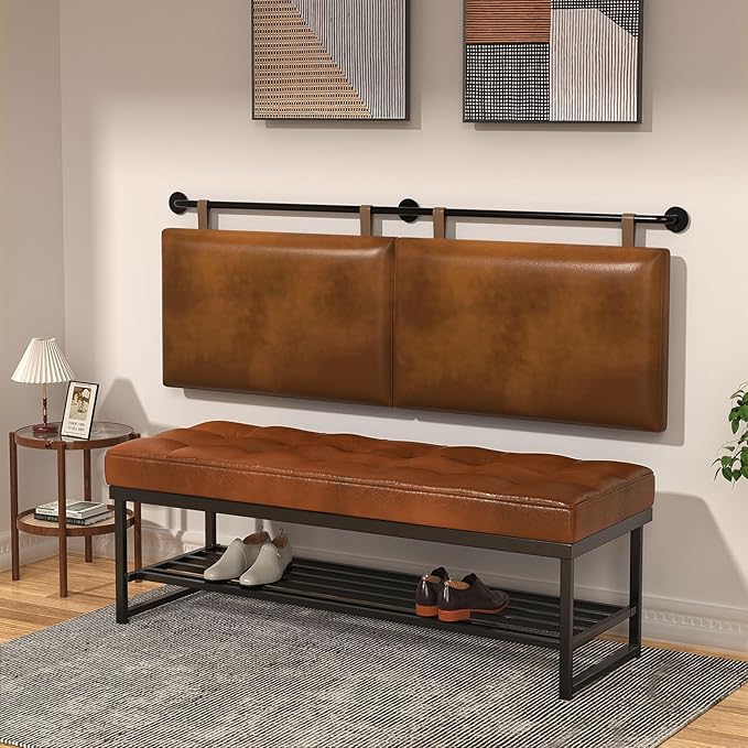 Queen Headboard, Hanging Headboards with Brown Faux Leather Industrial Pipe Modern Style Only for Bed Backboard (Brown Leather, Queen)