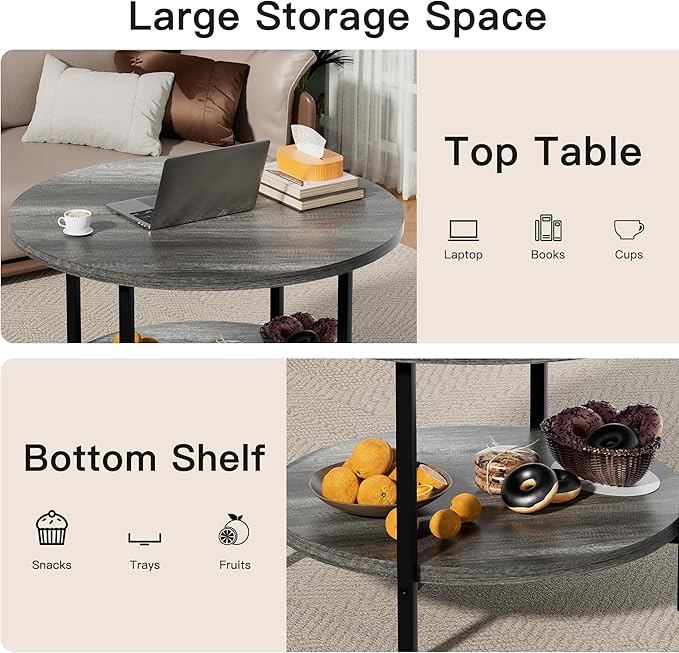 Coffee Table, 2 Tier Coffee Tables for Living Room, Round Coffee Table with Storage, Floor Table for Bedroom, Home Office, Dark Gray (27.6" D x 17.7" H)