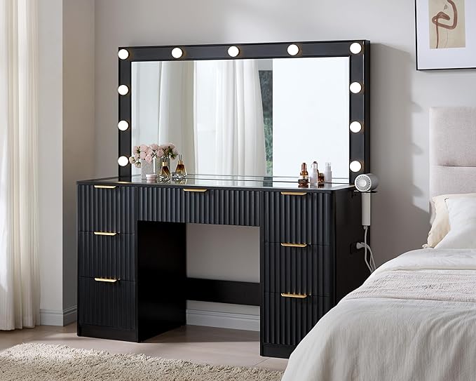 AMERLIFE 47.2" Fluted Vanity Desk with Large Mirror and Adjustable LED Lights, 7 Drawers Makeup Table with Glass Top and Charging Station for Women and Girls, Bedroom or Dorm, Black