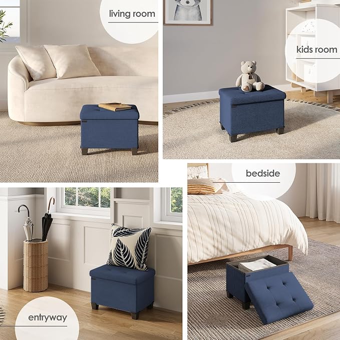 STORAGEBUD Storage Ottoman Cube with Small Bin, 16-in Square Ottoman with Storage for Living Room and Bedroom, Small Ottomans Foot Rest, Fabric Foot Stools Ottomans Max 330lbs, Blue