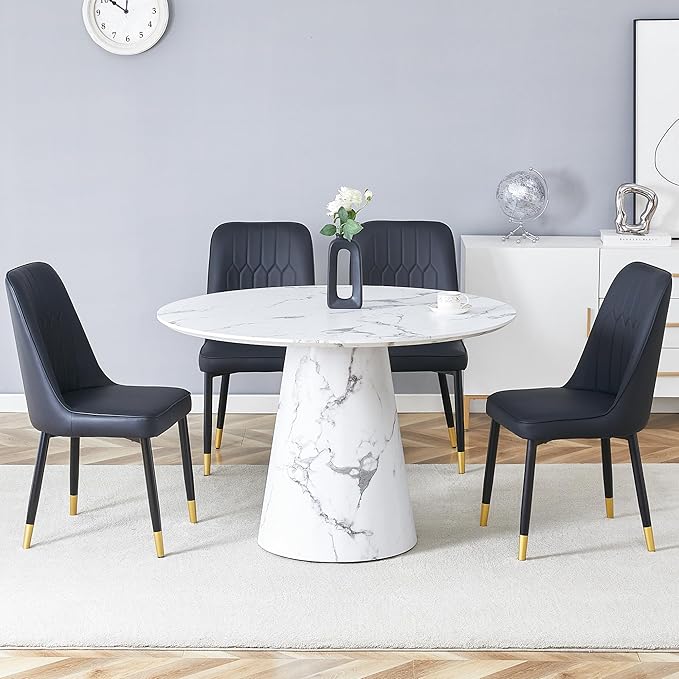 45 Inch Round Dining Table Set for 4, 5 Piece Kitchen Table and Chairs Set, White Faux Marble Table Top, Small Space Dining Set for Apartment or Dining Room