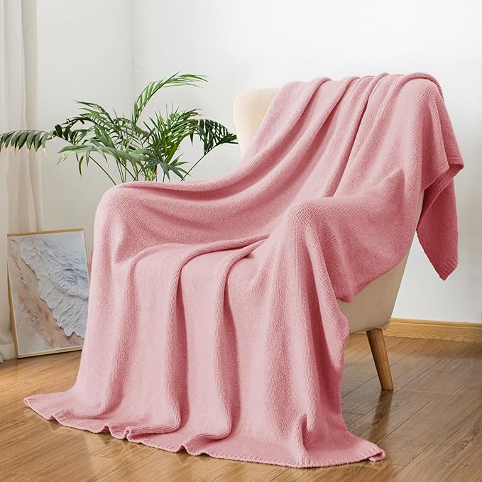 Carriediosa Wool Blend Knit Throw Blanket 60" X 80", 50% Recycled Polyester Soft Cable Knitted Fluffy Throws for Couch Lightweight Woven Blankets for Sofa Fuzzy Cozy Bed Cover, Pink