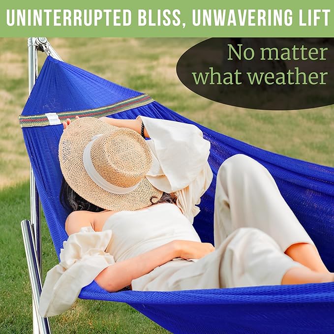 Tranquillo Double Hammock with Stand 650lb Capacity Double Hammock with Spreader Bar, Solid Grade 201 Stainless Steel 30s Set Up, Sturdy Flexible Hammock Stand Portable (Blue)