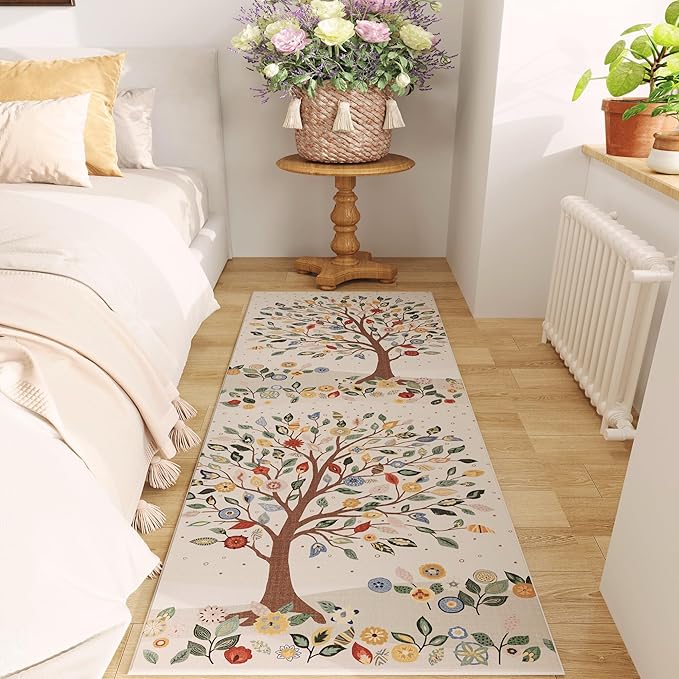Runner Rug for Kitchen Rug Non Slip 2'x6' Washable Rugs Floral Tree with Rubber Backing Bohemian Soft Carpet Runner for Kitchen, Laundry, Bedroom, Bathroom, Beige