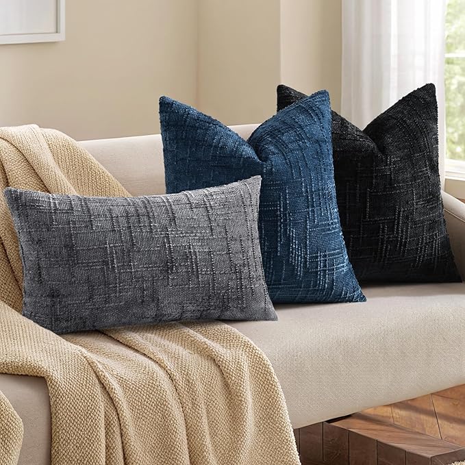 decorUhome Navy Blue Chenille Throw Pillow Covers 16x16 Set of 2 Thick Textured Slubby Couch Pillow Covers Farmhouse Accent Modern Neutral Decorative Pillow Cases for Bed Sofa Living Room