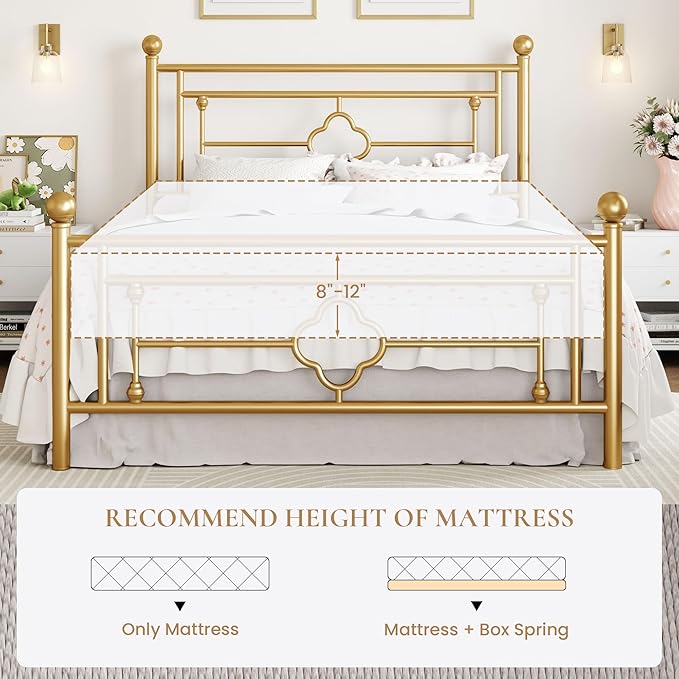 SHA CERLIN 14 Inches Queen Size Metal Platform Bed Frame/Vintage Iron-Art Headboard and Footboard/Mattress Foundation for Storage/No Box Spring Needed/Noise-Free/Easy Assembly/Gold