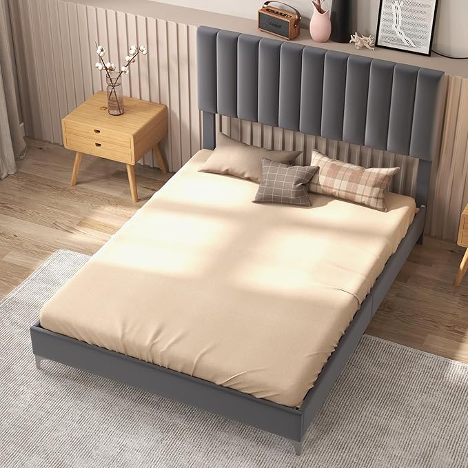 IDEALHOUSE Queen Bed Frame with Velvet Headboard Adjustable, Strong Wooden Slat Support, No Box Spring Needed, Noise Free Sleep,Easy Assembly, Dark Grey