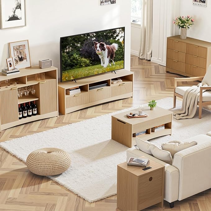 Amada Coffee Table Fluted Lift Top, 35.2" Wood Table with Storage Shelf & Hidden Compartment, Modern Rectangle Center Table for Living Room, Sturdy & Multi-Functional, Holds Up to 220LBS, Natural Oak