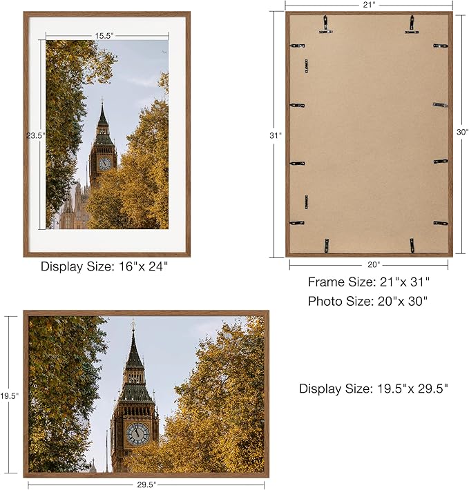 Axeman 20x30 Picture Frame with Mat for 16x24, Solid Oak Wood Poster Frame with Tempered Glass, Wooden 20''x30'' Minimalist Photo Frame with Wall Hooks Puzzle Frame for Art Photo and Prints, Walnut