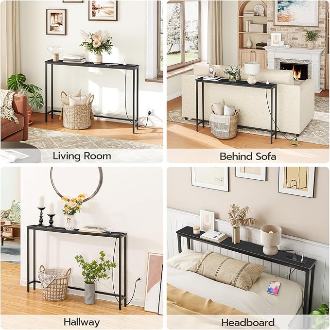 HOOBRO 2 Pack 5.9" Narrow Console Sofa Table with Power Outlets, 47.2" Long Behind Couch Table with Charging Station, Skinny Sofa Table for Living Room, Foyer, Black BB15XGP201G1