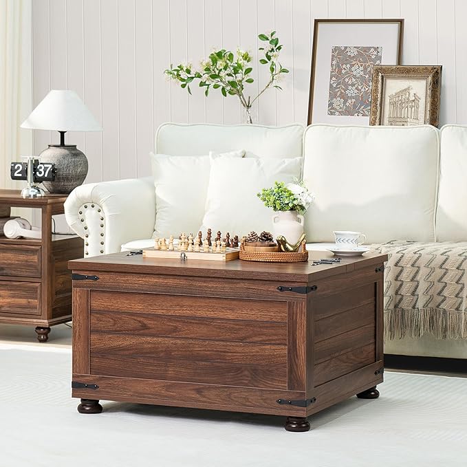 Farmhouse Coffee Table with Hidden Storage,Large Square Center Table for Living Room,Retro Cocktail Tables with Flip-Top Lids, Farm House Tables with Wooden Gourd Feet for Home,Brown Walnut