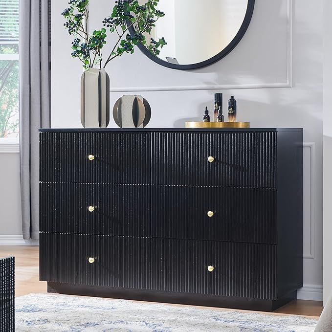 Fluted Dresser for Bedroom, 47" Black 6 Drawer Dressers, Wood Tall Dresser Storage Organizer, Modern Chest of Drawers with Deep Storage for Closet Hallway, Entryway, Living Room, Black
