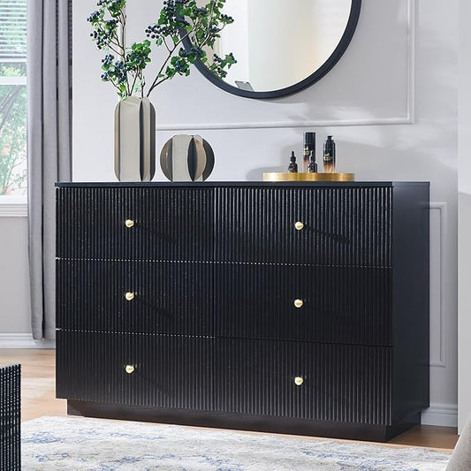 Fluted Dresser for Bedroom, 47" Black 6 Drawer Dressers, Wood Tall Dresser Storage Organizer, Modern Chest of Drawers with Deep Storage for Closet Hallway, Entryway, Living Room, Black