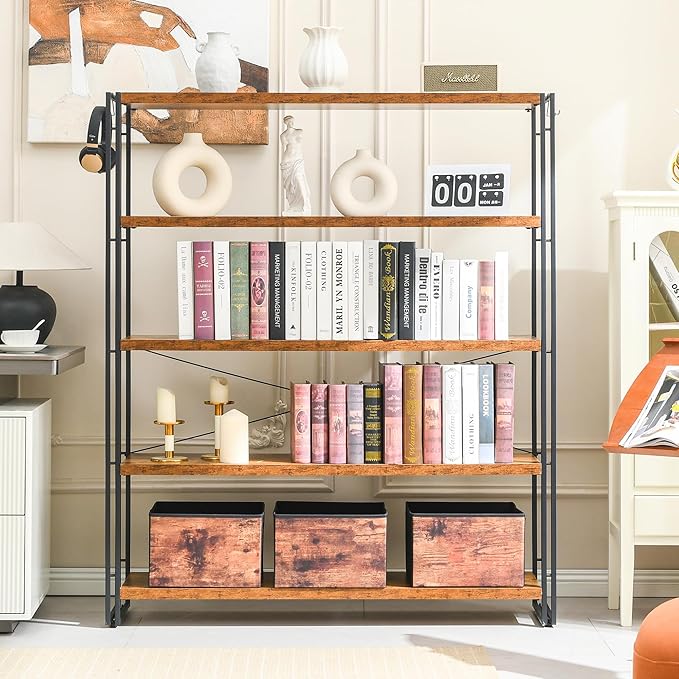 HCHQHS Bookshelf, 5-Tier Industrial Bookcase, Rustic Open Book Shelf, Freestanding Tall Bookshelves with Metal Frame