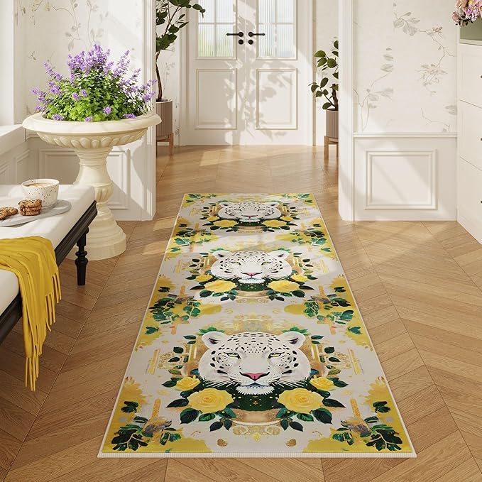 Runner Rug for Kitchen Rug Non Slip 2'6"x8' Washable Rugs with Rubber Backing Soft Retro Lavish Leopard Floral Animal Carpet Runner for Kitchen, Laundry, Bedroom, Bathroom