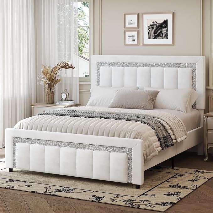 HOMBCK Full Size Bed Frame, Full Bed Frames with Upholstered Headboard, Princess Platform Bed with Diamond Design and Wooden Slats Support, No Box Spring Needed, Easy Assembly, White