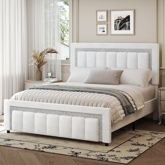 HOMBCK Full Size Bed Frame, Full Bed Frames with Upholstered Headboard, Princess Platform Bed with Diamond Design and Wooden Slats Support, No Box Spring Needed, Easy Assembly, White
