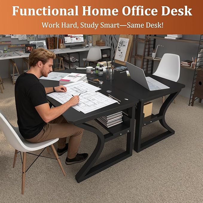 55 inch Computer Desk, Home Office Desk with Storage Shelf, Sturdy U-Shaped Metal Frame Study Table with Cable Management, Gaming Desk for Office & Bedroom (Black, 55 inch)