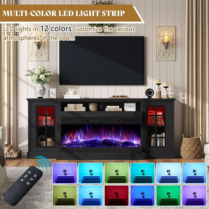 AMERLIFE 75in 3-Sided Glass Fireplace TV Stand with LED Lights for TVs up to 85", Rustic Fireplace Media Entertainment Center Console Cabinet Table with Glass Door Closed Storage, Black