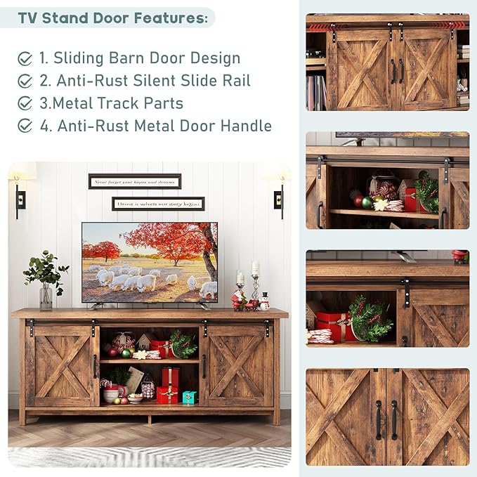Farmhouse TV Stand for 55-65in TV with Adjustable Shelves & Sliding Barn Door - Rustic, Wooden Entertainment Center & Media Cabinet for Bedroom, Living Room (Dark Brown, 58in)