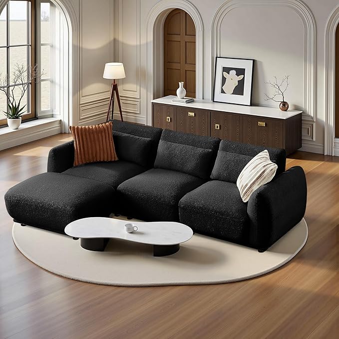 Sectional Sofa Couch, Modern Convertible U Shaped Sectional Couch with Ottoman, Modular Sectional Sofa Cloud Couches for Living Room (Black, 3 Set + 1 Ottoman)